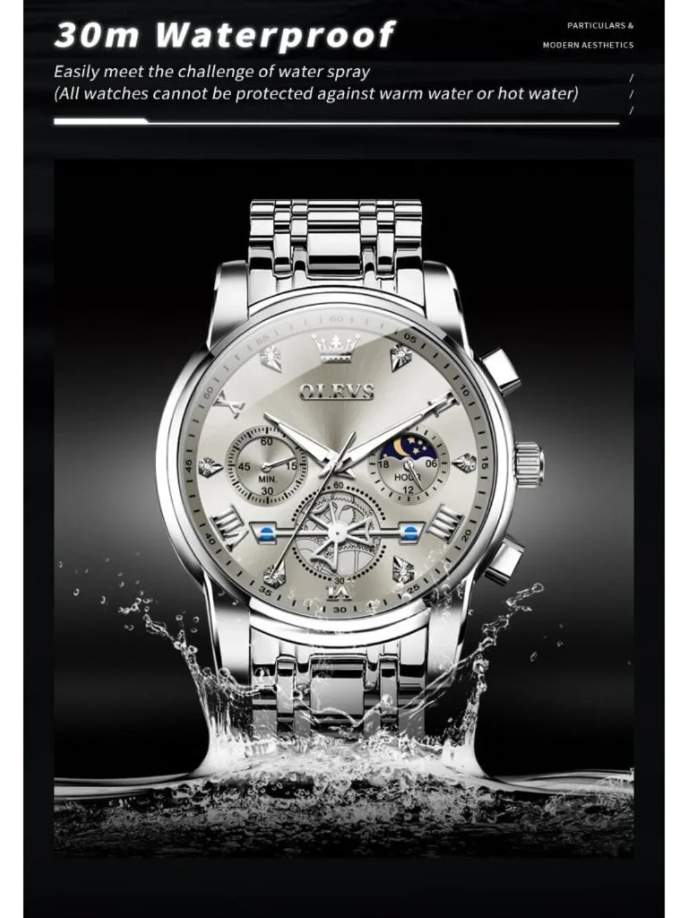 Mens Silver Grey Skeleton Stainless Steel Diamond And Calendar Chronograph Watch